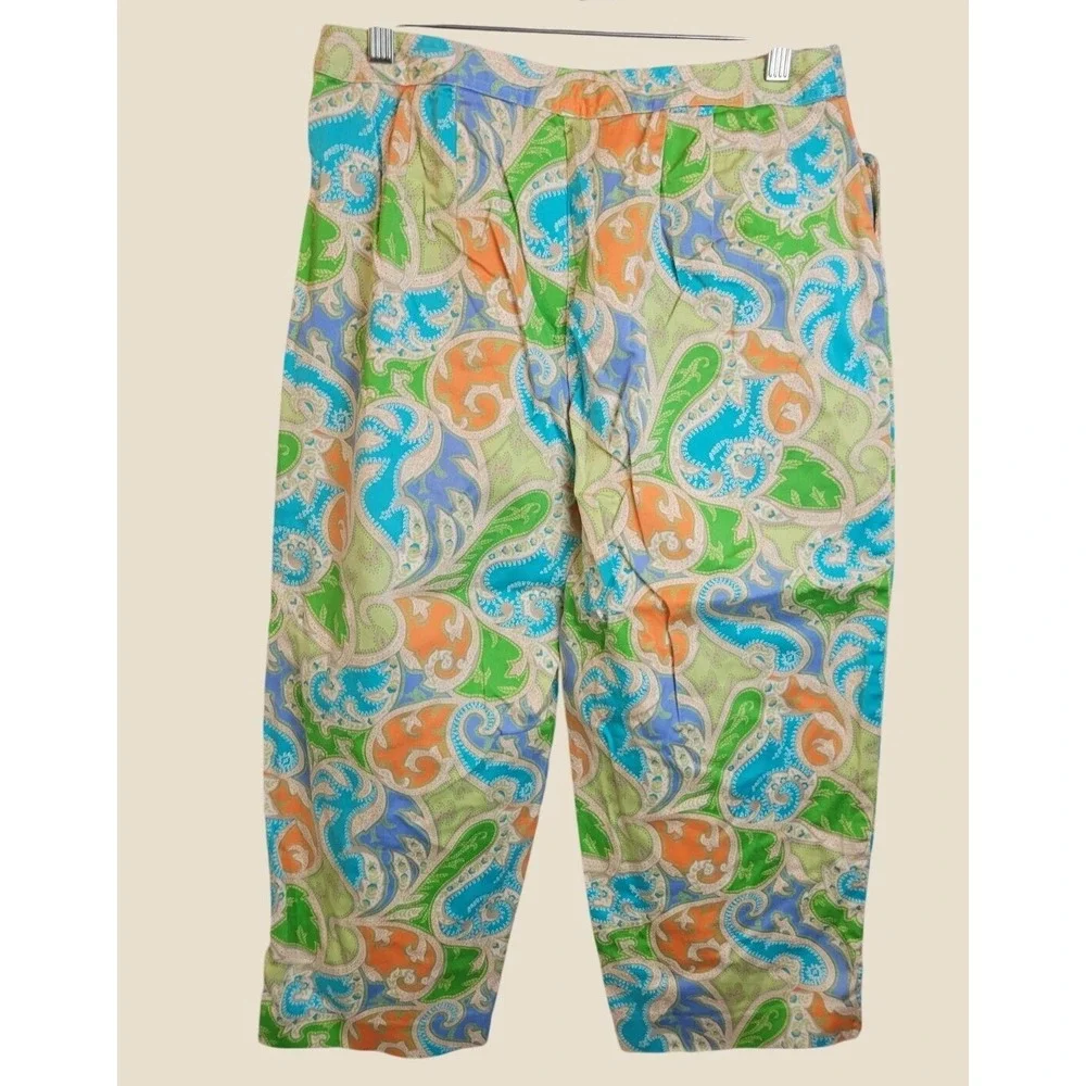 Vtg Talbots Capri Pants Paisley Print Stretch Cropped Trousers Green Blue 12 P